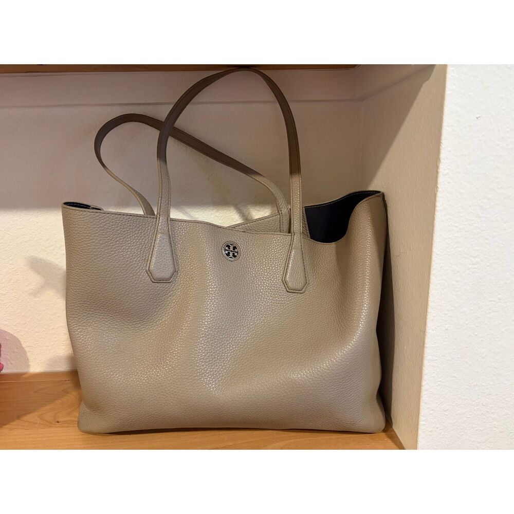 Tory Burch Gray Pebbled Leather Open Top Shoulder Tote Purse